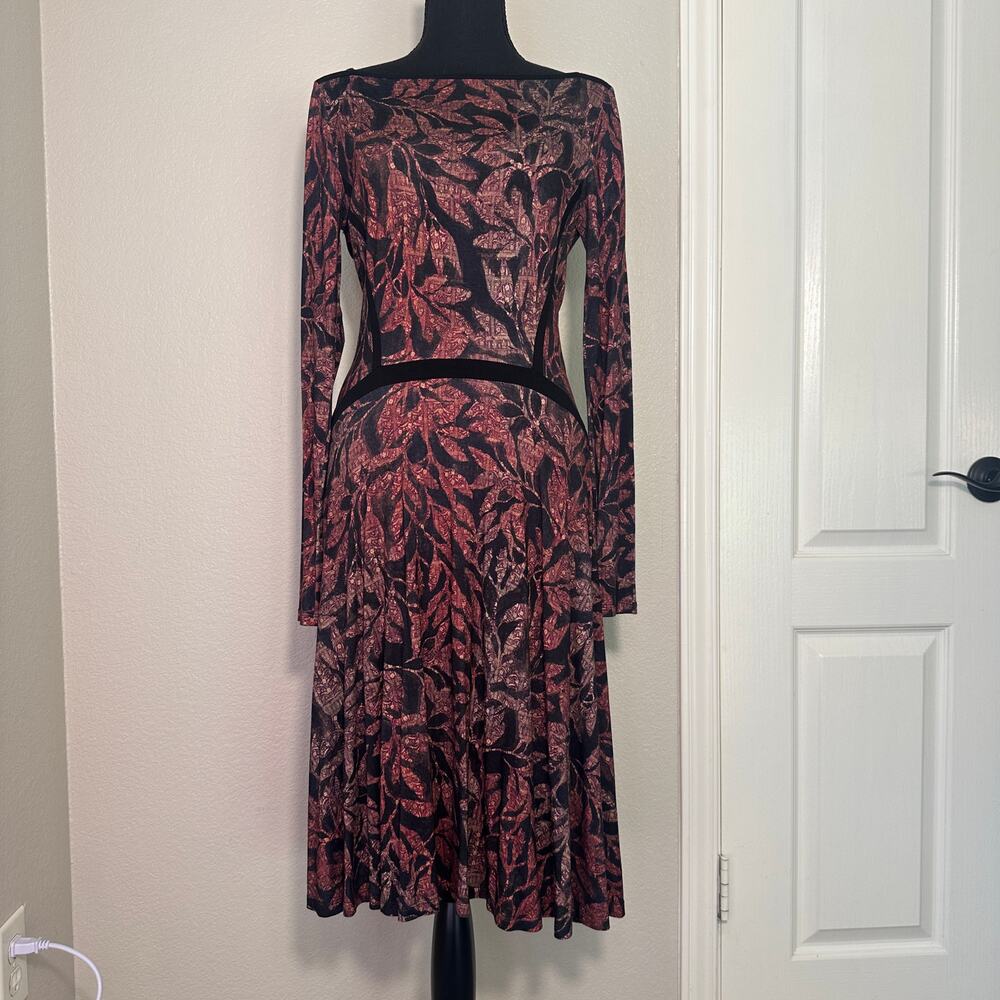 Peruvian‎ Connection Rust/Black Floral Long Sleeve Drop Waist Dress, Artisan, XS
